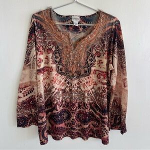 Chico's 3 Boho Tie Dye Lace Beaded Notch Neck Tunic Blouse